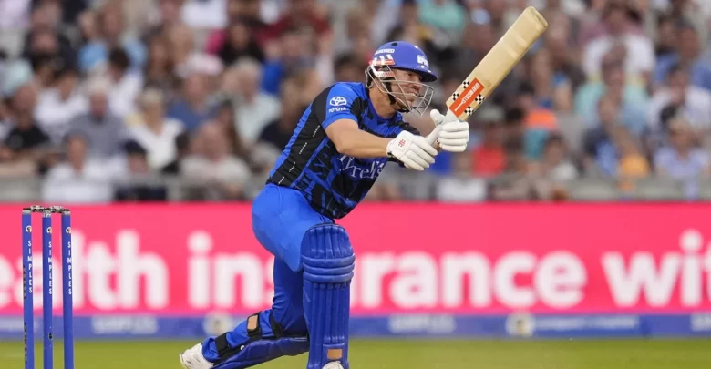 david warner playing an attacking shot during london spirit innings at old trafford