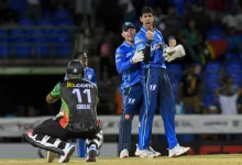 saint lucia kings celebrate thrilling last ball win over st kitts in cpl 2025