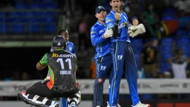 saint lucia kings celebrate thrilling last ball win over st kitts in cpl 2025