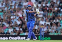 Jamie Overton batting during London Spirit’s innings against Oval Invincibles in The Hundred match