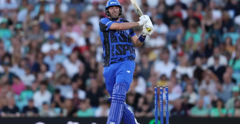 Jamie Overton batting during London Spirit’s innings against Oval Invincibles in The Hundred match